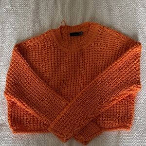 RD Style Cropped Waffle Knit Crew Sweater in Bright Orange